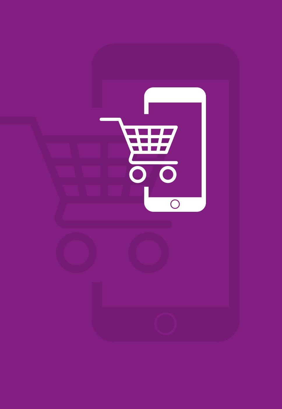 banner com fundo roxo  e desenhado um tlemóvel e um carrinho de compras